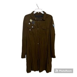 Zara Army Green Star Patches Long Sleeve Collared Button Dress, Size Large